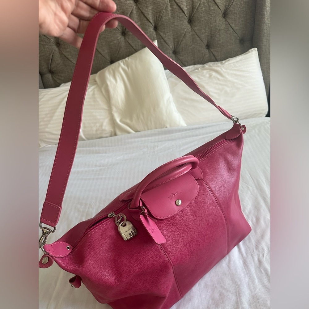 French-Girl Weekender  Longchamp LE Pliage Barbie Pink Leather Bag & Strap - Picture 5 of 11